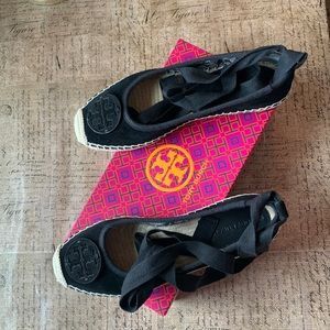 Tory Burch Black Espadrille Wedge Sandals with Logo Medallion